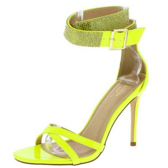 OLIVIA Neon Yellow Patent Open Toe Rhinestone Heel - Picture 2 of 3
